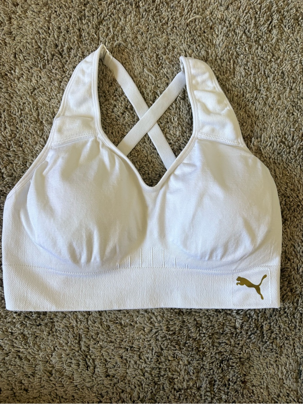 Puma White Cross-Back Padded Sports Bra with Gold Logo
